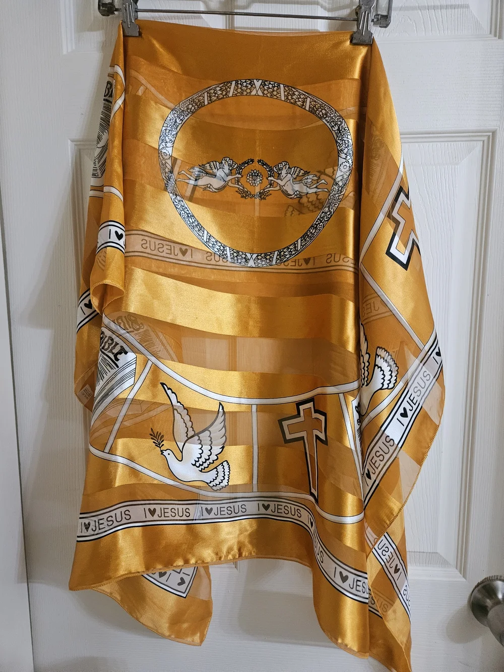 White & Gold Religious Print Satin Scarf - Picture 5 of 12